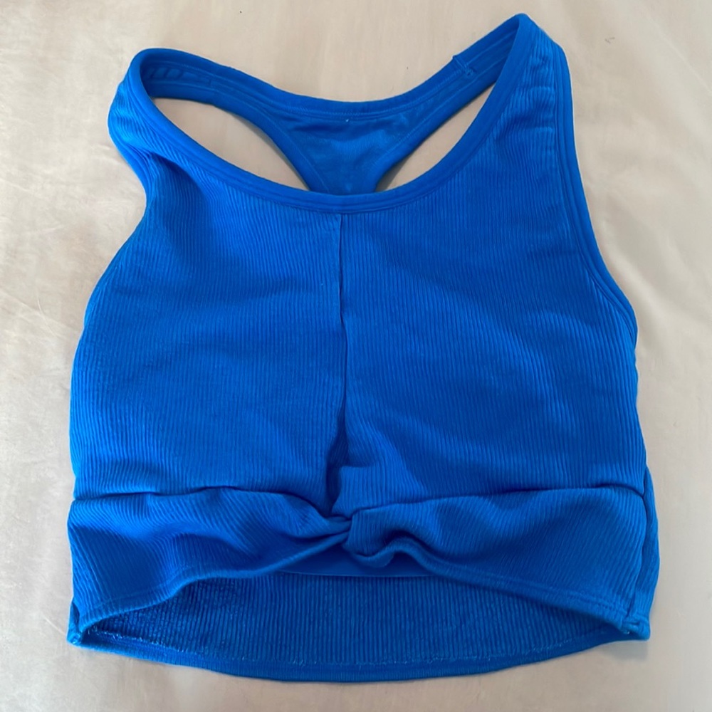 Blue athletic crop top with built in bra